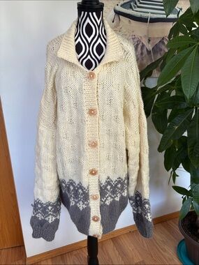 Hand made Cream and Gray Button-Front Wool Blend Cardigan Sweater new